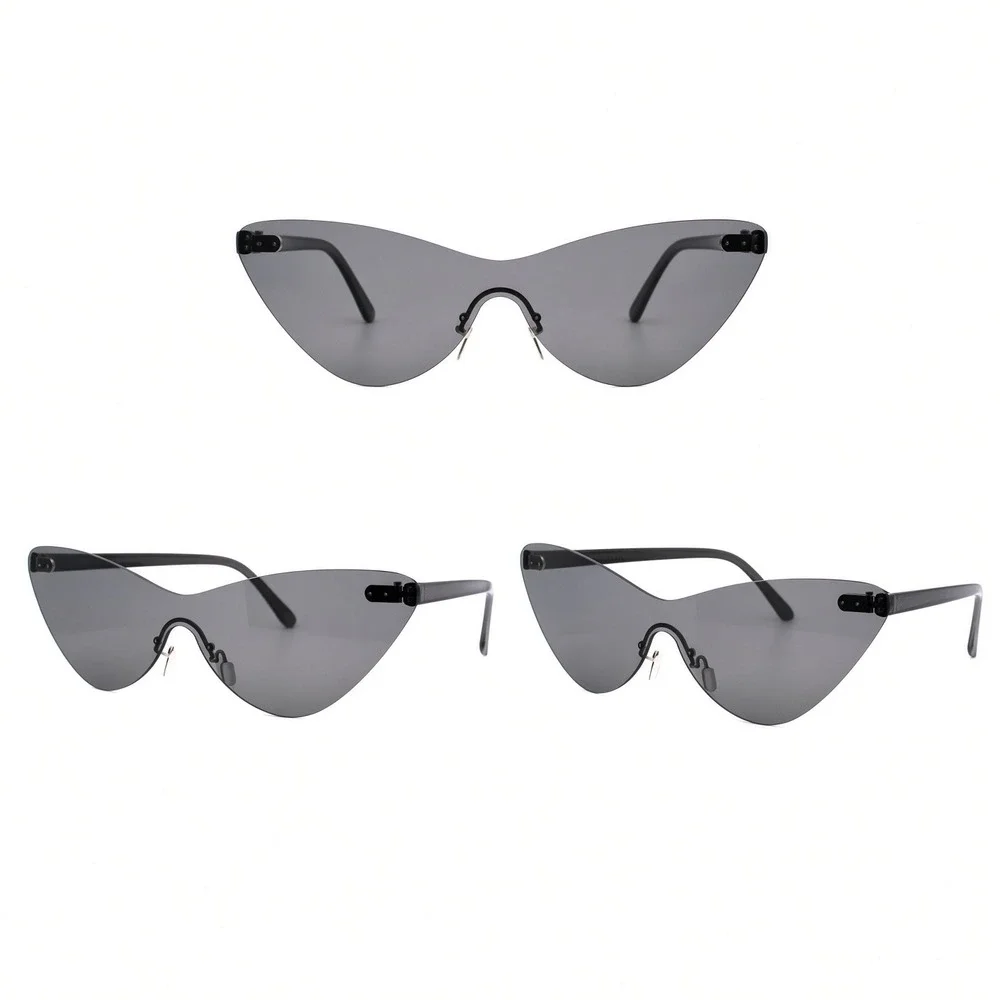 Black Rimless Cat Eye Sunglasses Futuristic Shield Lens Modern Eyewear Women New